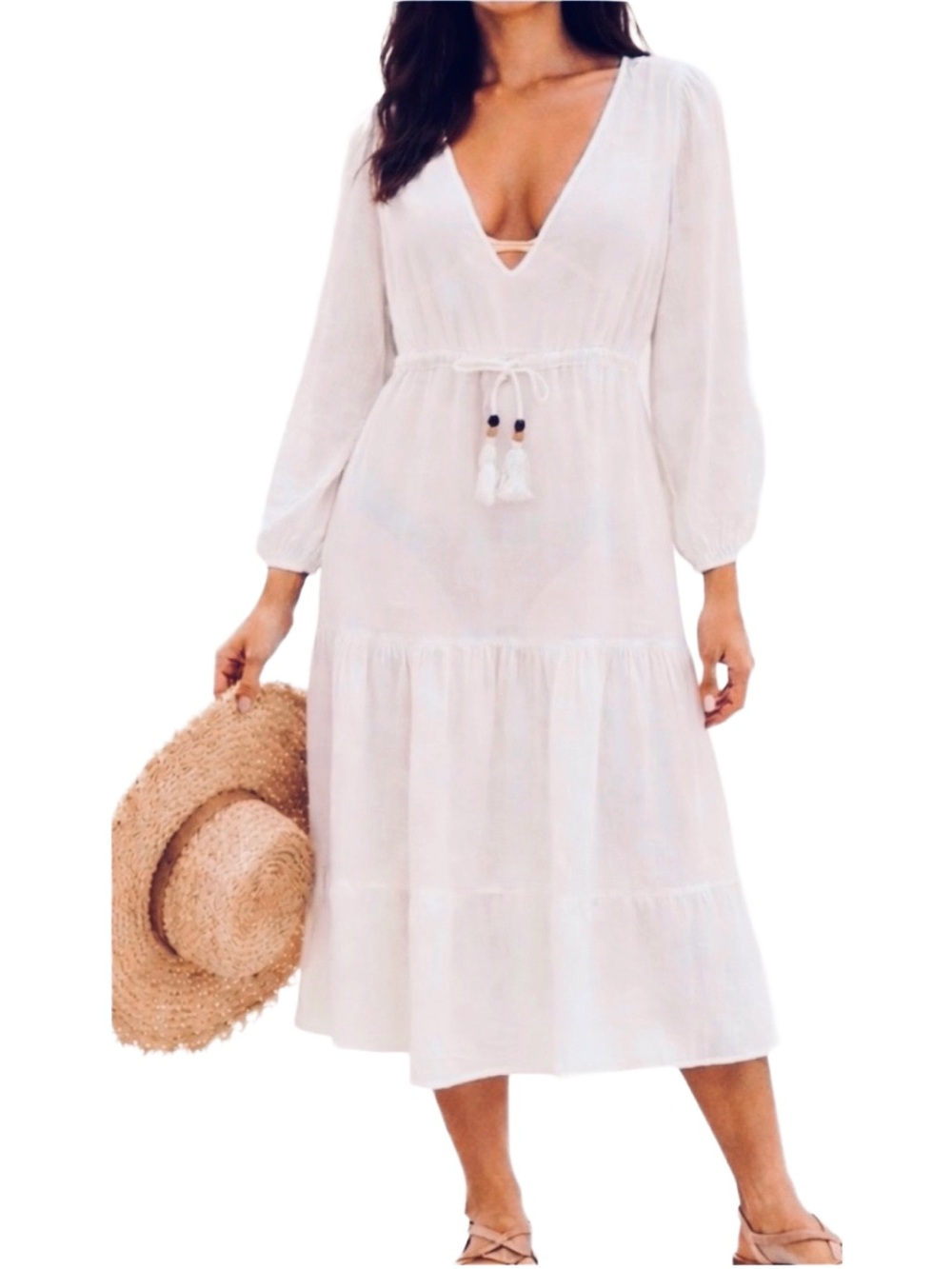 Joie White Linen Blend Boho Midi Dress / Cover Up Tassel L